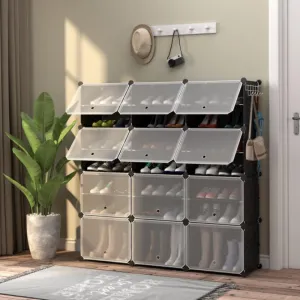 12-Cube 48 Pairs Portable Shoe Shelves with Hook-Black