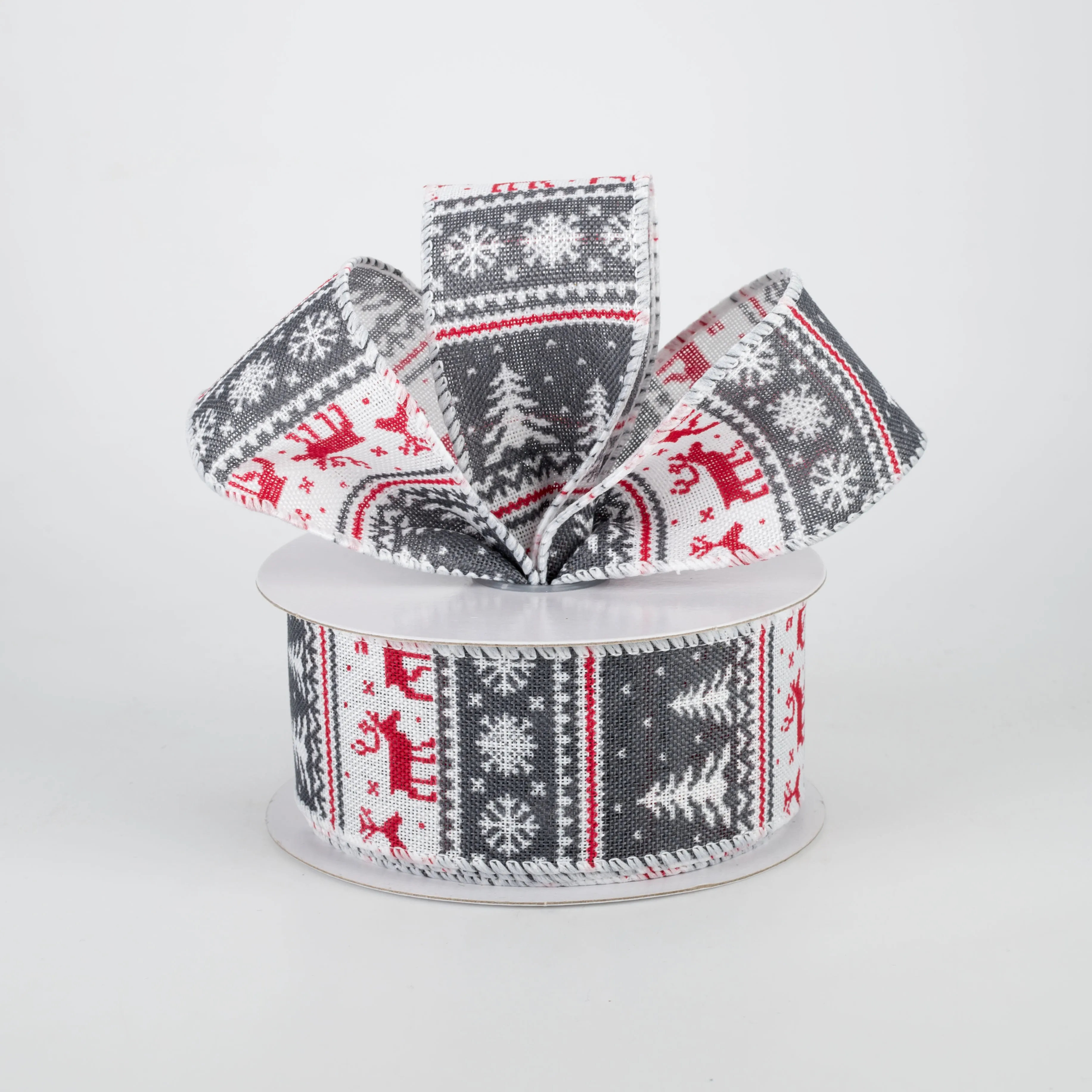 1.5" Christmas Sweater Canvas Ribbon: Grey & Red (10 Yards)