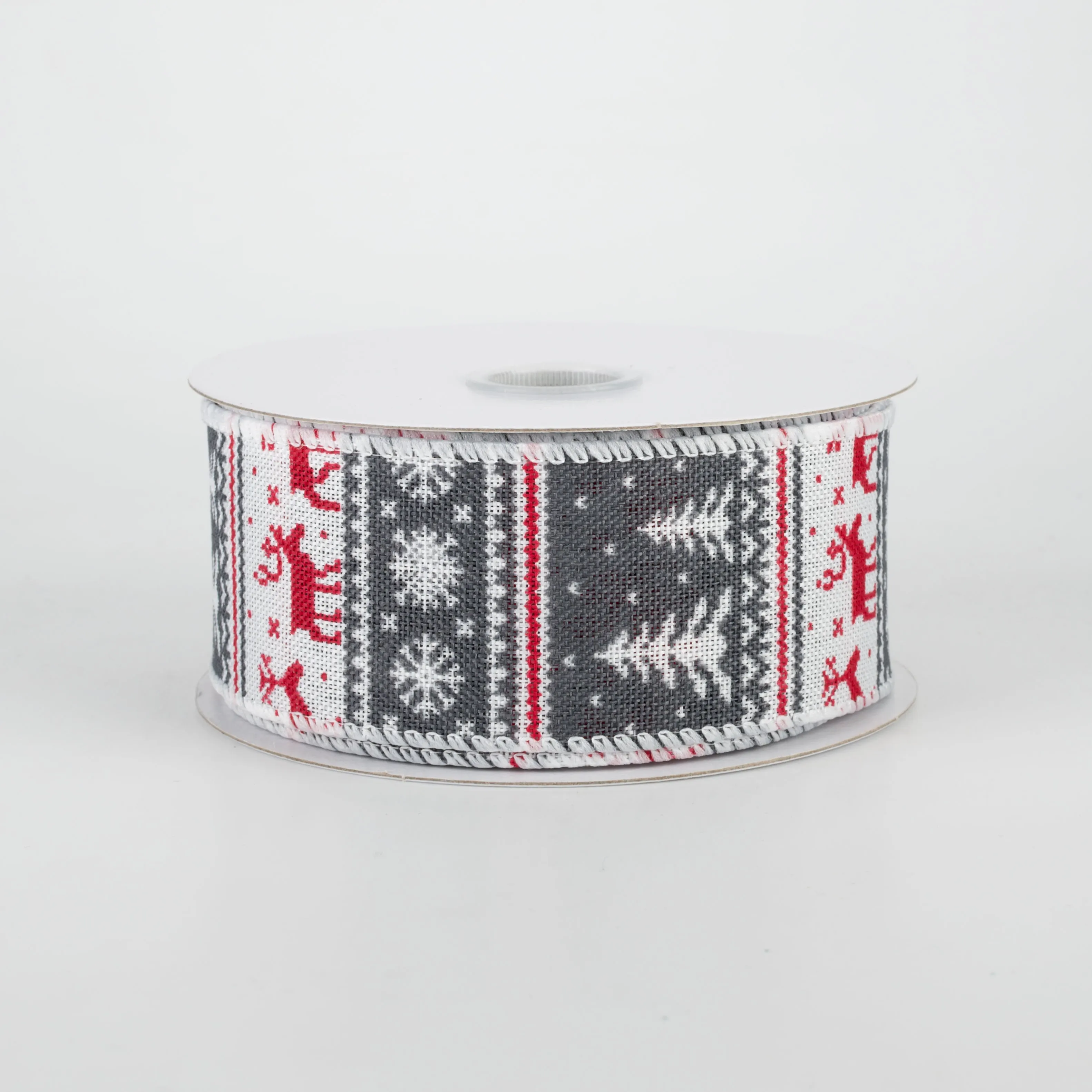 1.5" Christmas Sweater Canvas Ribbon: Grey & Red (10 Yards)