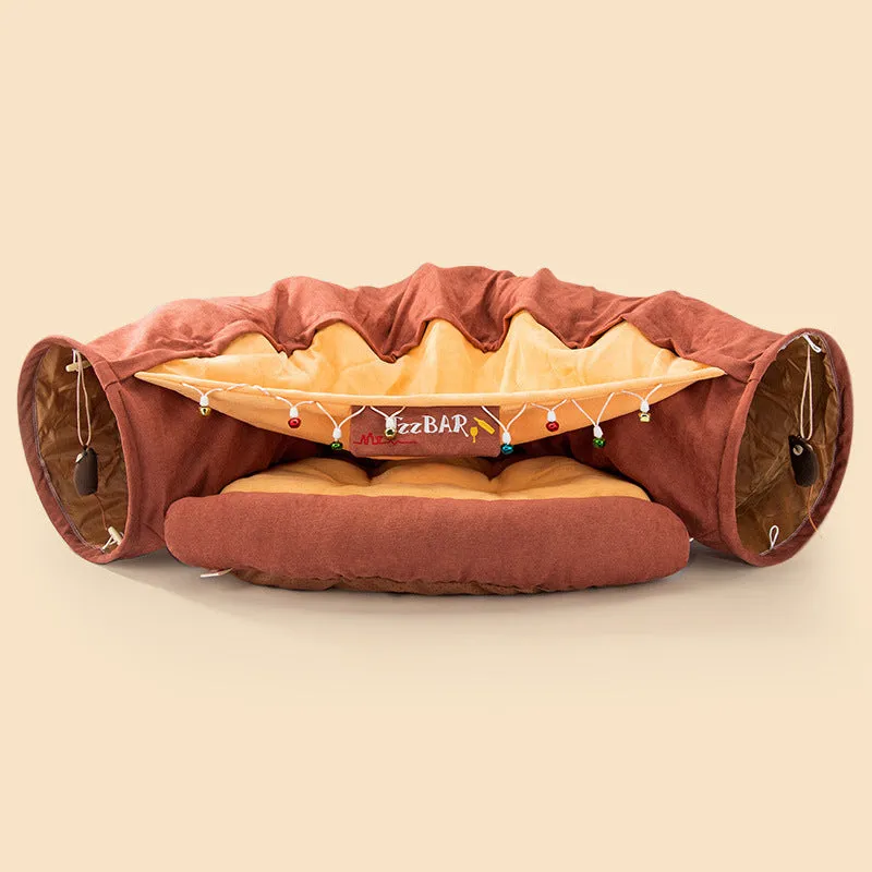 2-in-1 Cat Tunnel Bed Play Mat With Hanging Balls