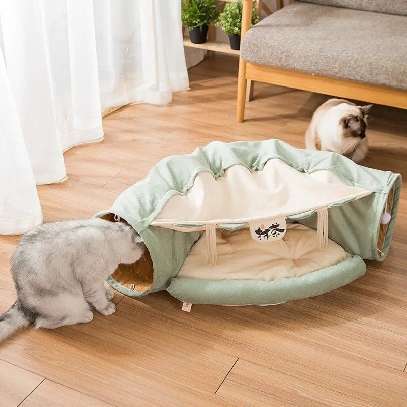 2-in-1 Cat Tunnel Bed Play Mat With Hanging Balls