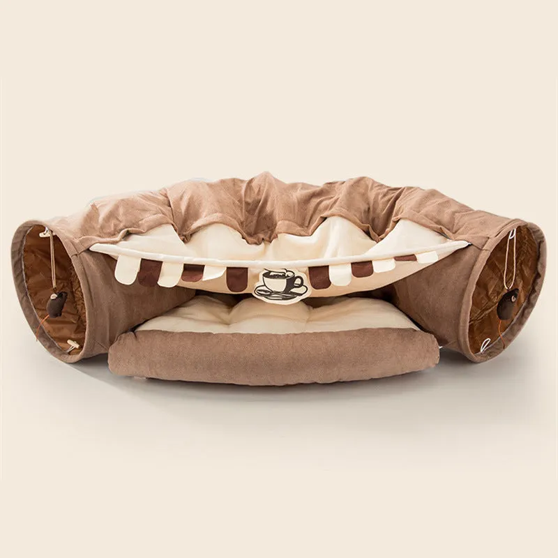 2-in-1 Cat Tunnel Bed Play Mat With Hanging Balls