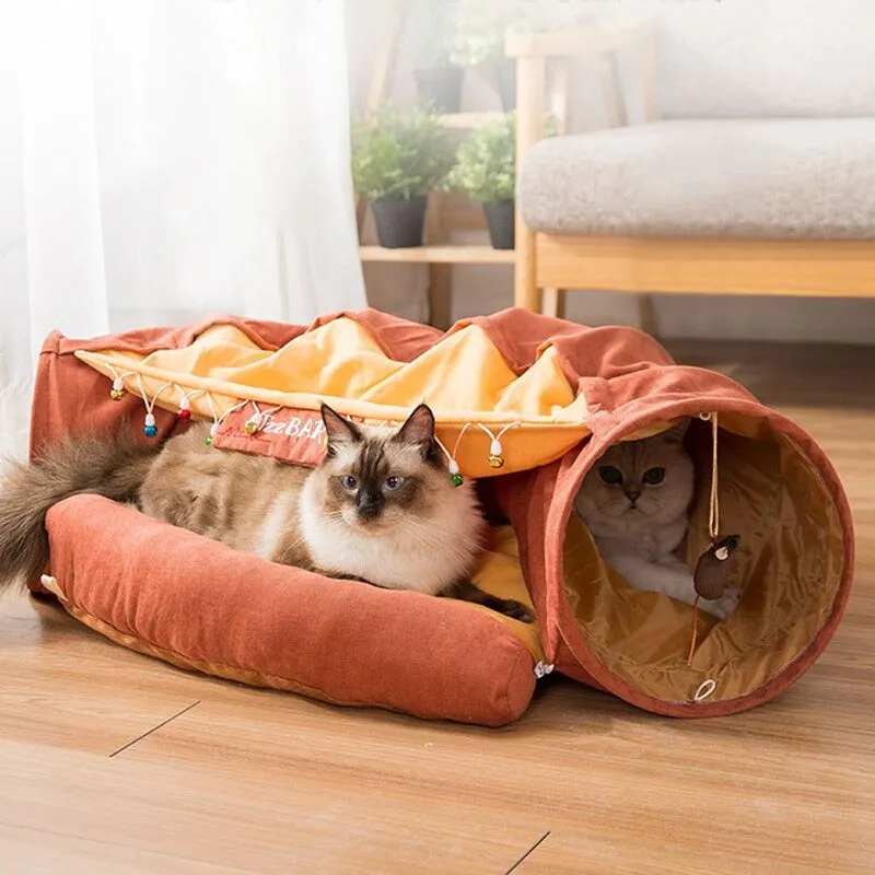 2-in-1 Cat Tunnel Bed Play Mat With Hanging Balls