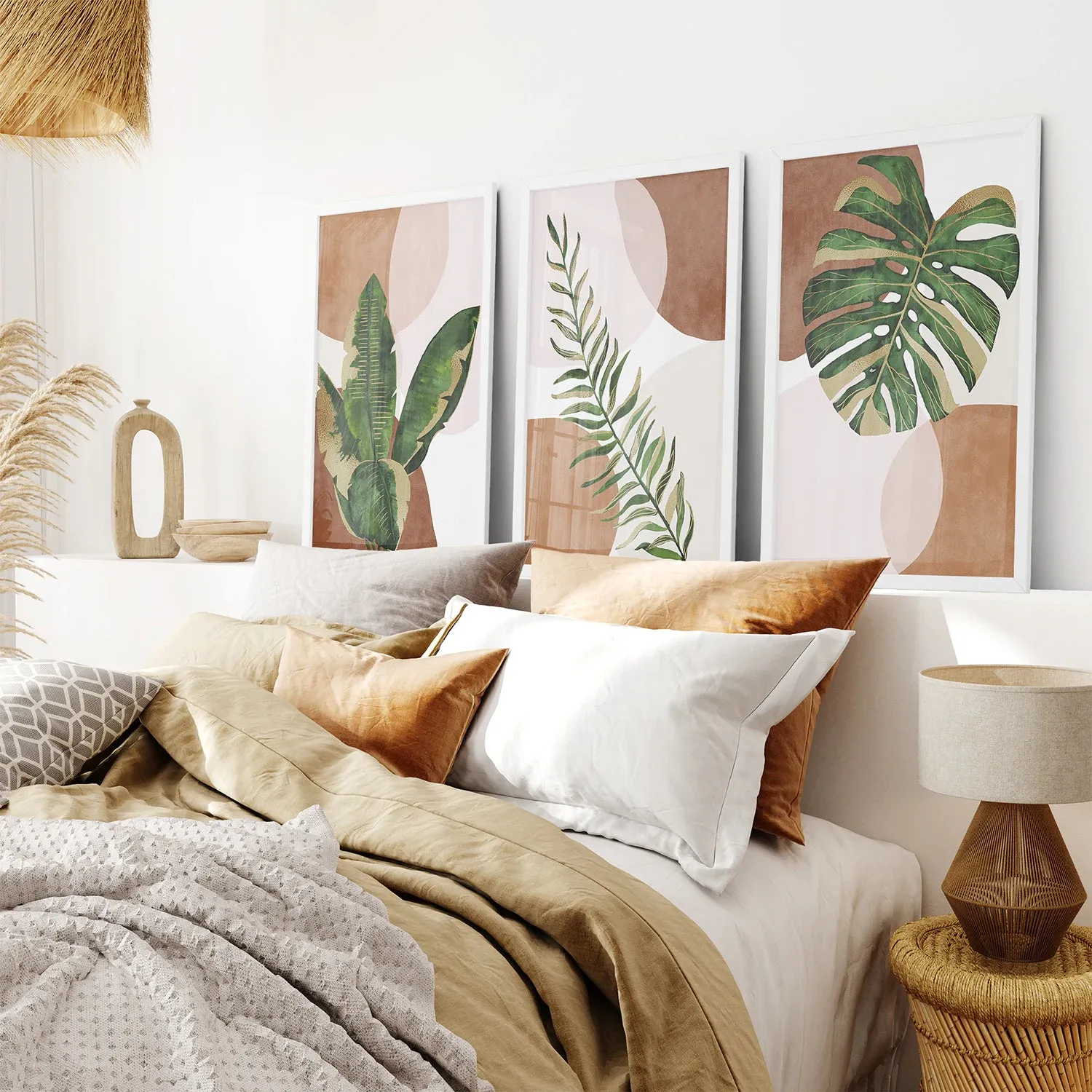 3 Piece Terracotta Boho Wall Art. Green Tropical Leaves