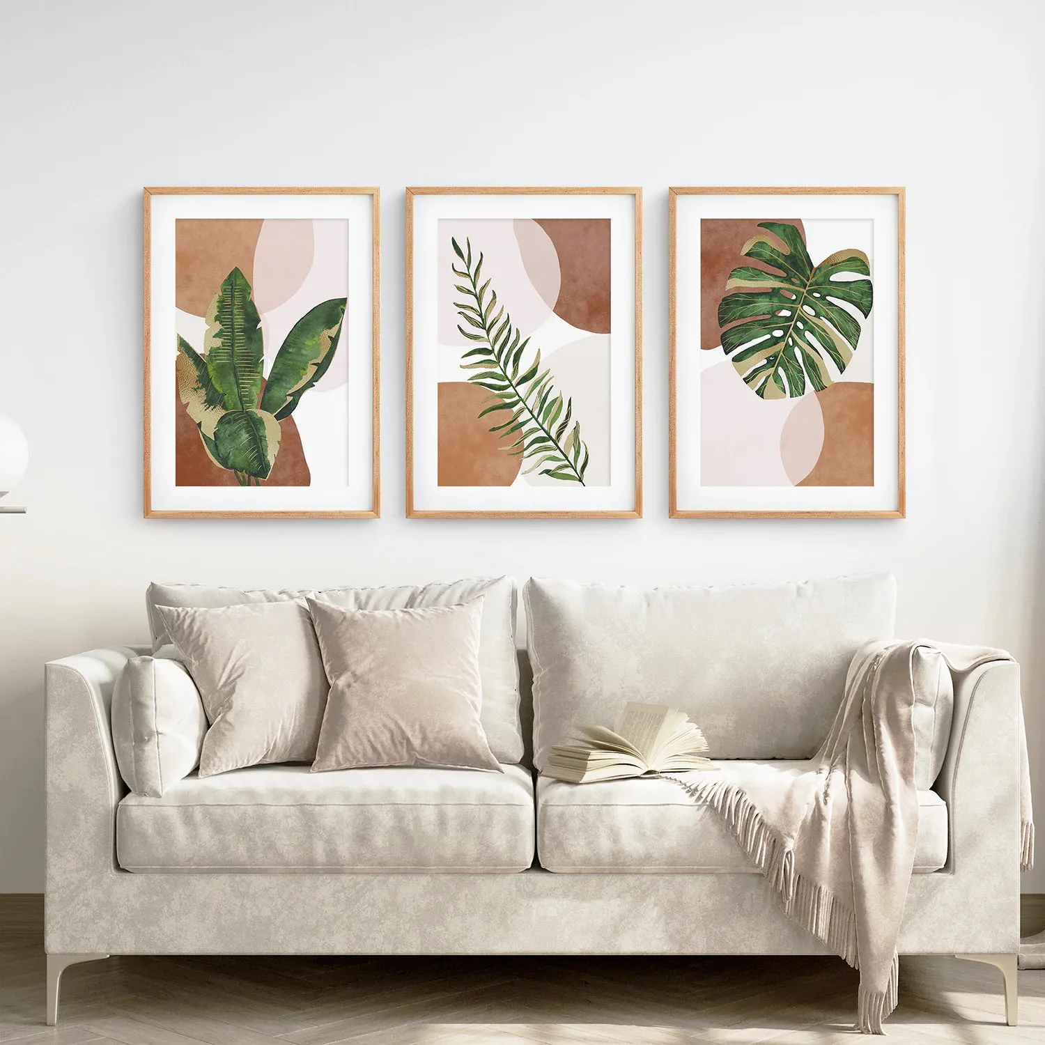 3 Piece Terracotta Boho Wall Art. Green Tropical Leaves