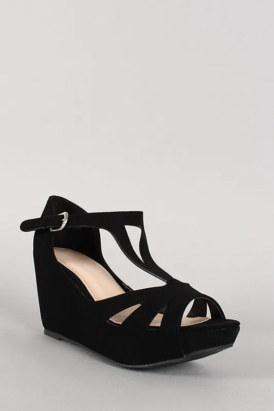 Bamboo Nubuck Buckle Cut Out Open Toe Platform Wedge