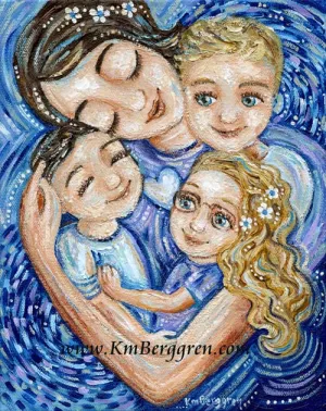 Be There - Mama with 3 Children Blue Art Print