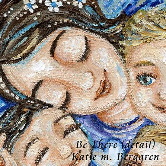 Be There - Mama with 3 Children Blue Art Print