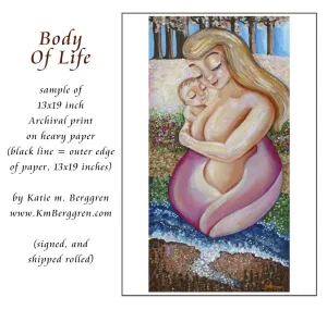 Body Of Life - Woman and Baby with Ocean & Flowers Art Print