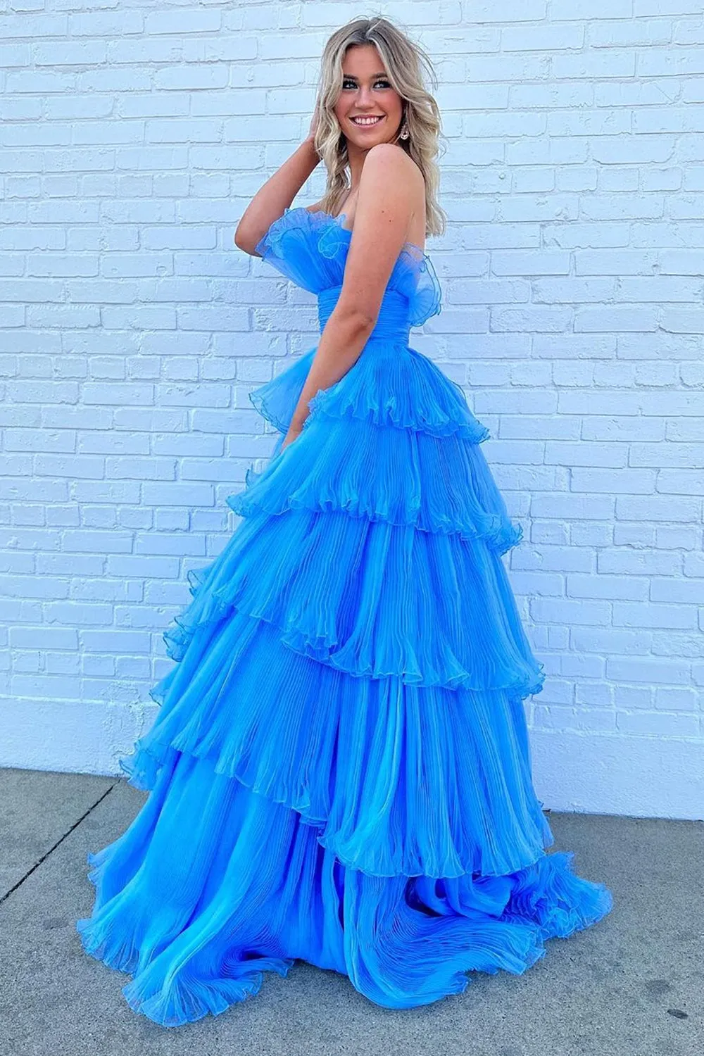 Charming A Line Strapless Blue Long Prom Dress with Ruffles PSK492