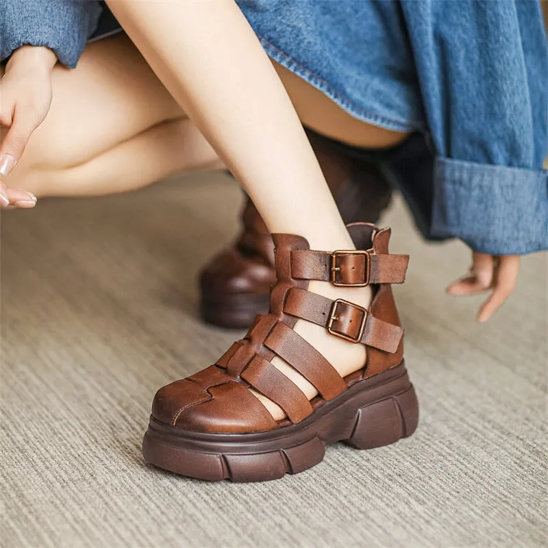 Chunky Platform Mary Jane Cowhide Leather Comfy Flatforms for Daily Walk Brown/Black