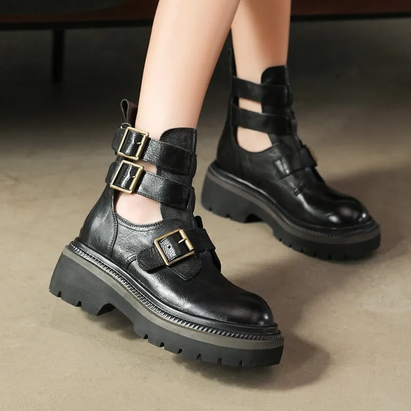 Chunky Platform Summer Boots with Triple-strap in Coffee/Black/Yellow