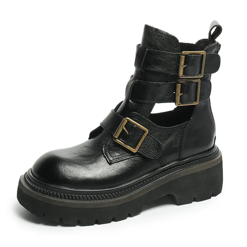 Chunky Platform Summer Boots with Triple-strap in Coffee/Black/Yellow