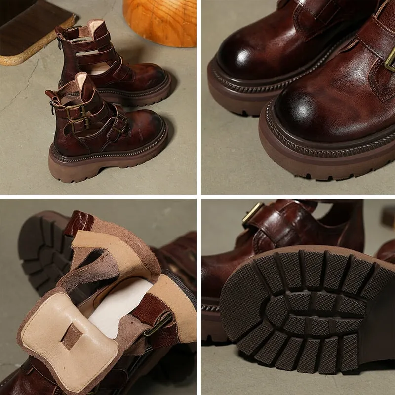 Chunky Platform Summer Boots with Triple-strap in Coffee/Black/Yellow