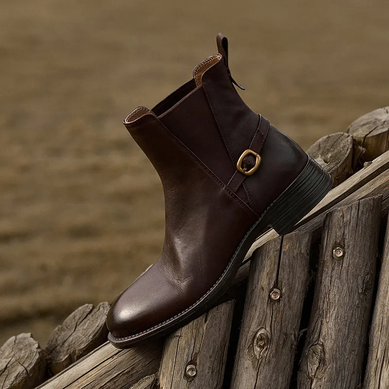 Classic Western Ankle Booties Low Heel Handmade Chelsea Boots with Metal Buckle Accent