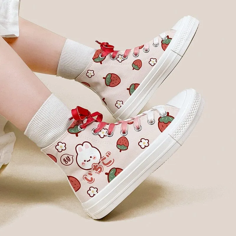 *CLEARANCE* Kawaii Strawberry Bunny High Top Canvas Shoes - Women's