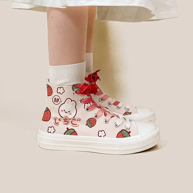 *CLEARANCE* Kawaii Strawberry Bunny High Top Canvas Shoes - Women's