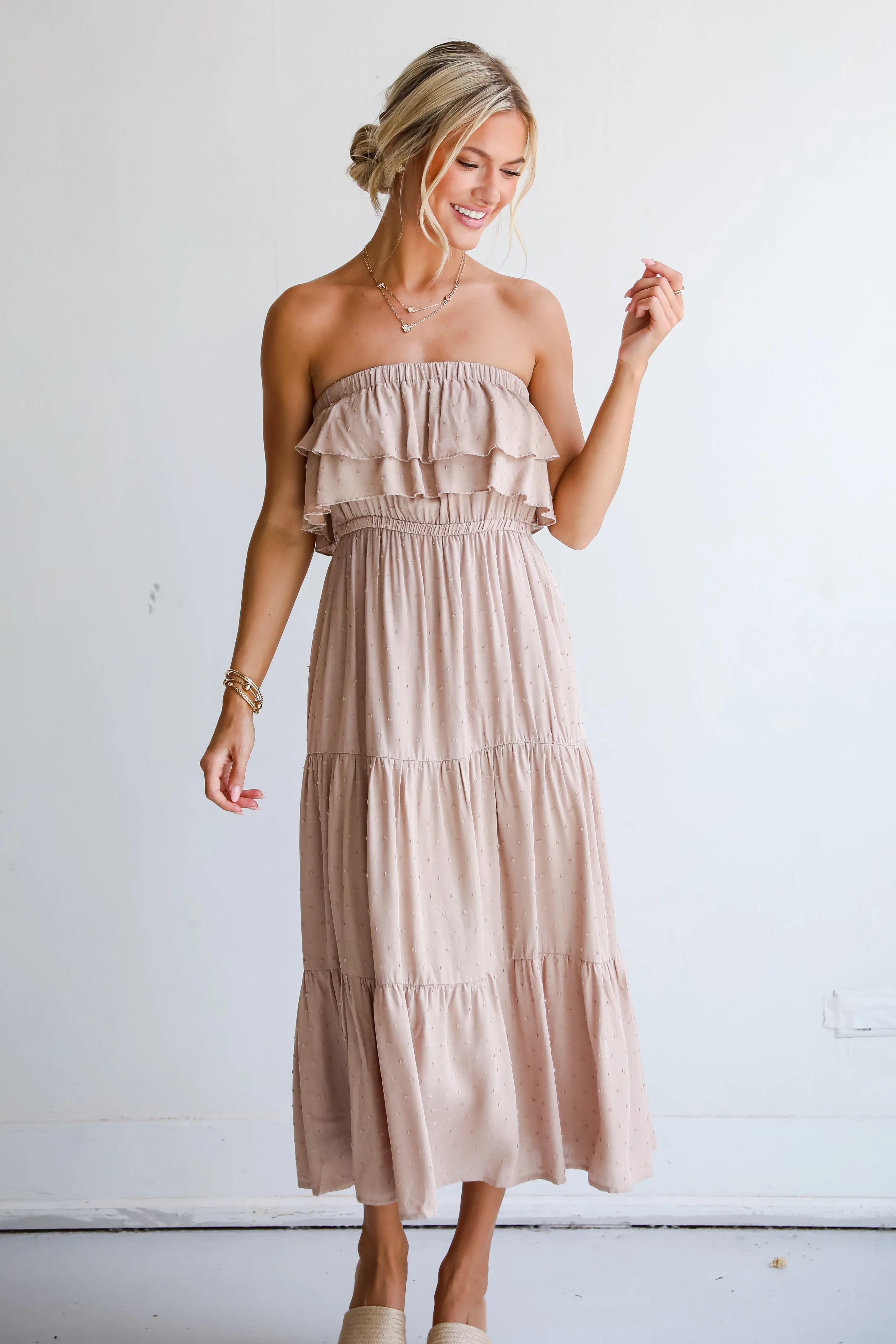 Darling Cuteness Taupe Tiered Strapless Midi Dress