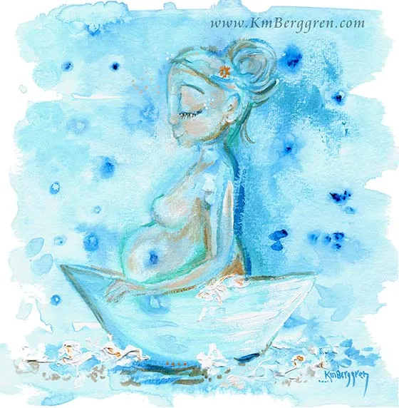 Expectations 1 - pregnant woman in bathtub blue art print
