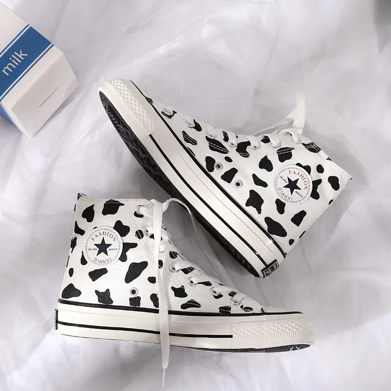 Fashion Milk Cow Canvas Women Shoes New Breathable High-top Outdoor Ladies Casual Sneakers Lace-up Leisure Footwear