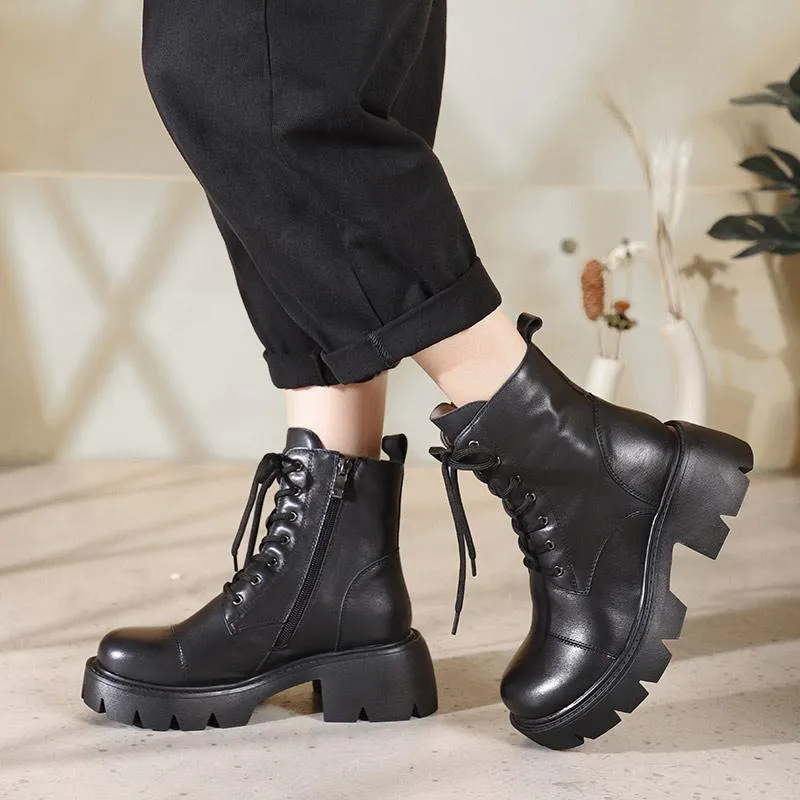 Genuine Leather Martin Boots Lace-Up Combat Boots Retro Chunky Ankle Boots