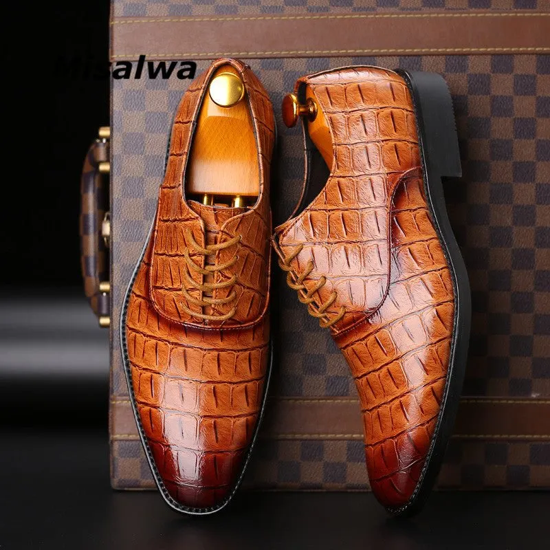 Glossy CrocLux Exotic Pointed Oxfords Dress Shoes