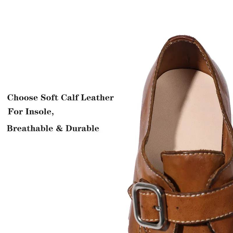 Goodyear Horse Leather Shoes For Women Buckle Loafers Leather Sole in Black/Brown/Coffee