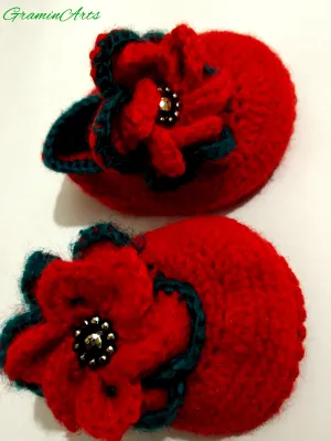 Graminarts Handmade Baby Booties Floral Desing In Red Color Size  0 - 6 Month