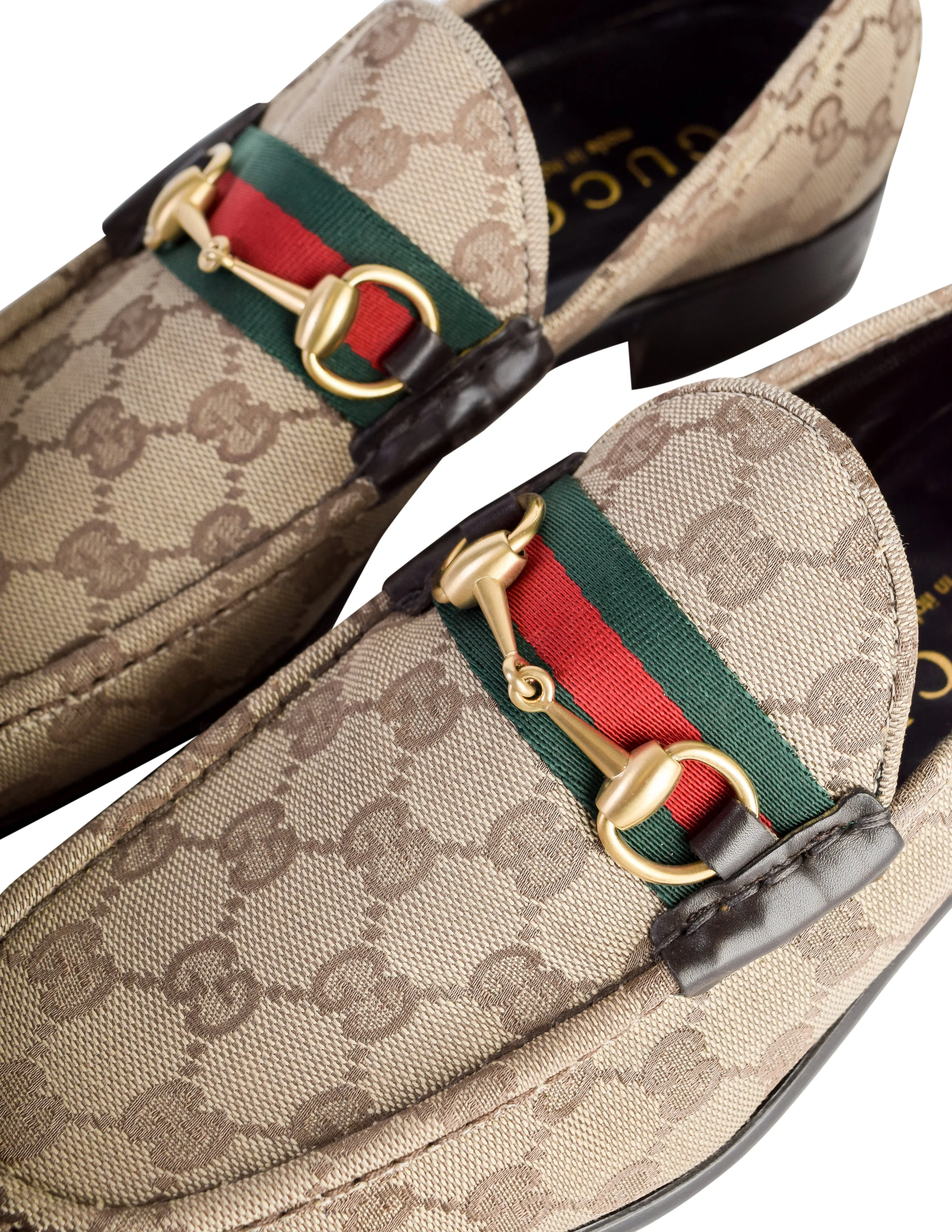 Gucci Vintage Mens Iconic Brown GG Monogram Web Stripe Horsebit Loafers