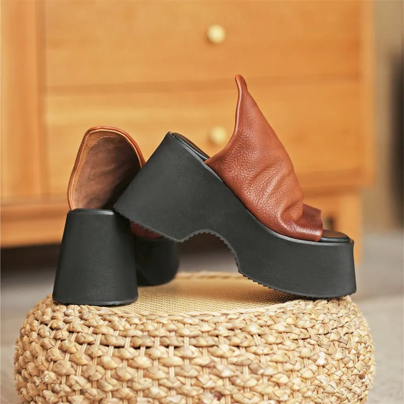 Handmade Cowhide Platform Slippers Open Toe in Black/Brown