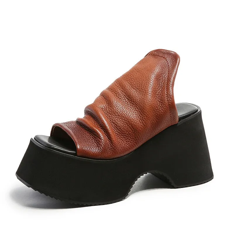 Handmade Cowhide Platform Slippers Open Toe in Black/Brown