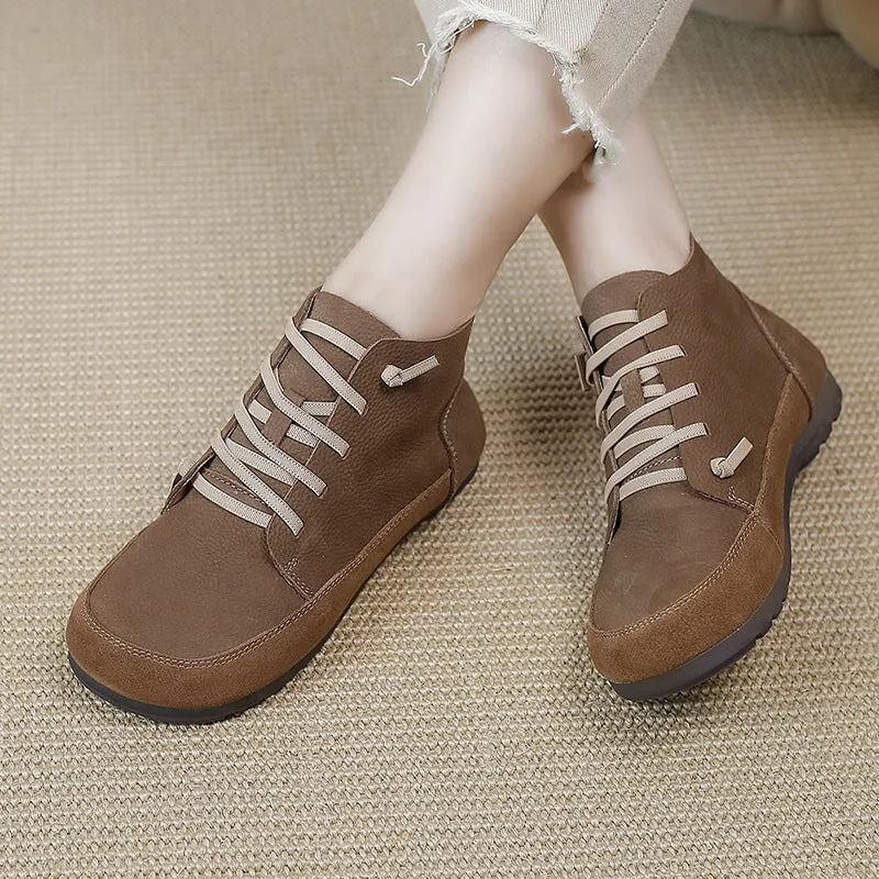 Handmade Flat Barefoot Shoes Soft Leather Ankle Booties Color Blocking in Coffee/Khaki