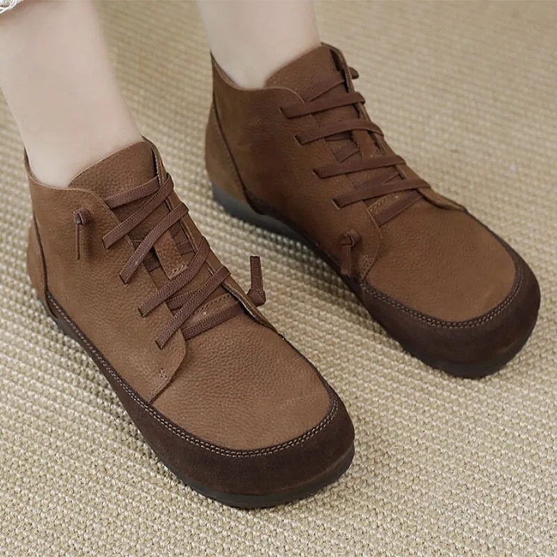 Handmade Flat Barefoot Shoes Soft Leather Ankle Booties Color Blocking in Coffee/Khaki