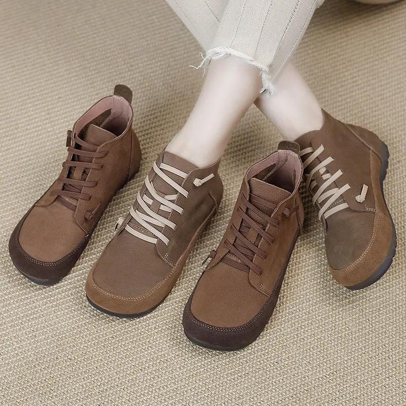 Handmade Flat Barefoot Shoes Soft Leather Ankle Booties Color Blocking in Coffee/Khaki