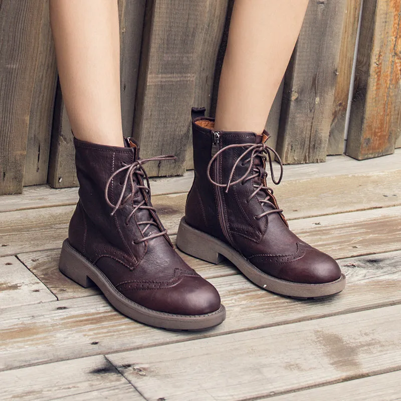 Handmade Leather Wingtip Brogue Ankle Boots For Women Black/Red Brown Round Toe  Oxfords Boots