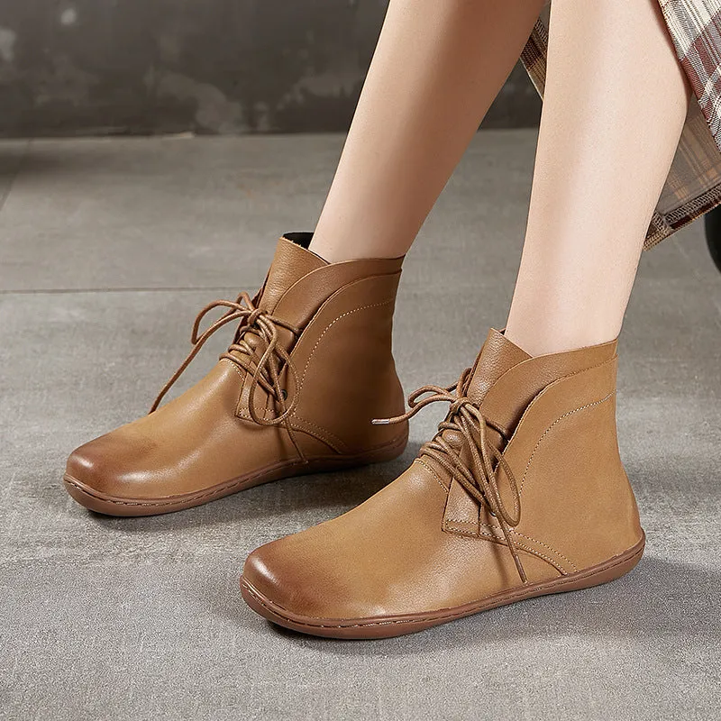 Handmade Retro Leather Lace Up Barefoot Ankle Boots For Women Brown/Khaki