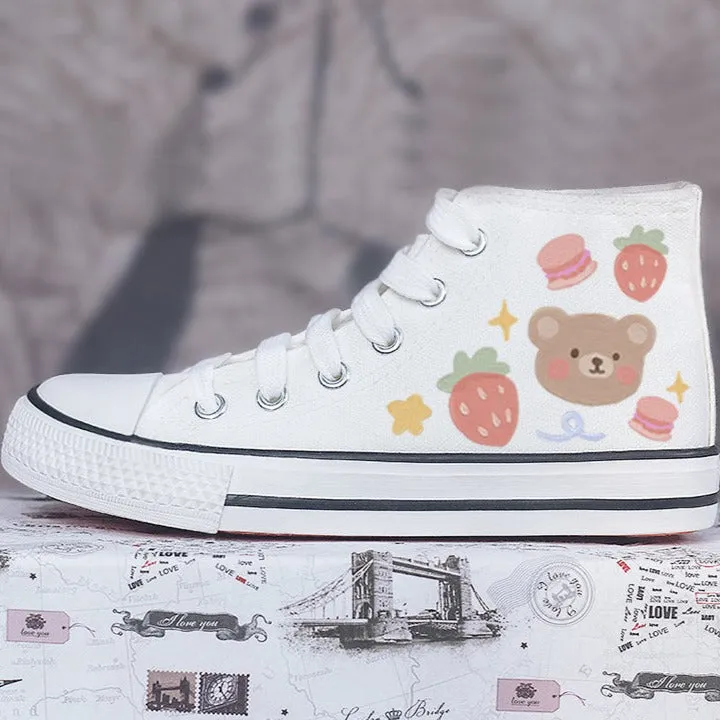 Kawaii Strawberry and Bear Print Student High Top Canvas Kids Size