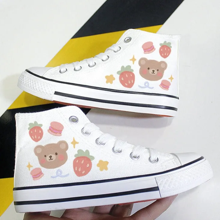 Kawaii Strawberry and Bear Print Student High Top Canvas Kids Size