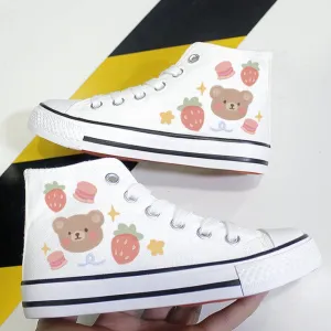 Kawaii Strawberry and Bear Print Student High Top Canvas Kids Size