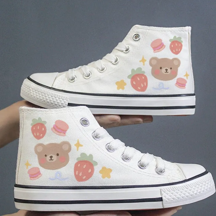 Kawaii Strawberry and Bear Print Student High Top Canvas Kids Size