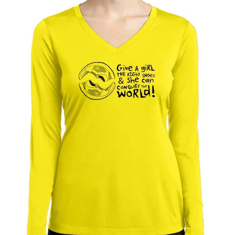 Ladies Sports Tech Long Sleeve V - "Give A Girl The Right Shoes And She Can Conquer The World"