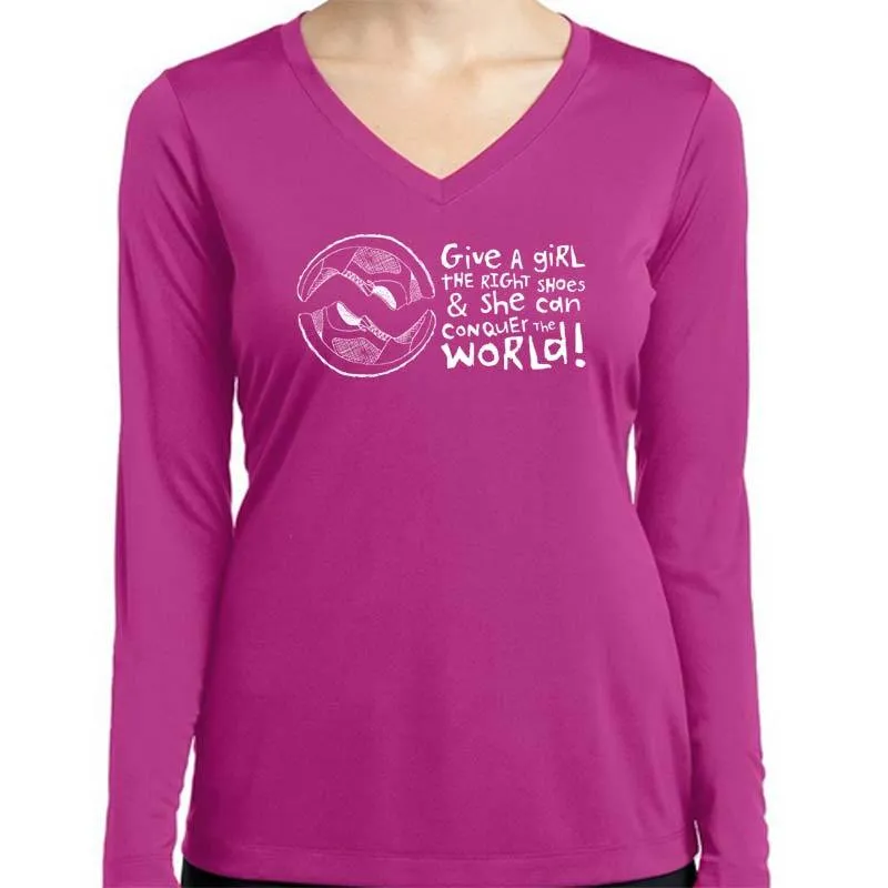 Ladies Sports Tech Long Sleeve V - "Give A Girl The Right Shoes And She Can Conquer The World"