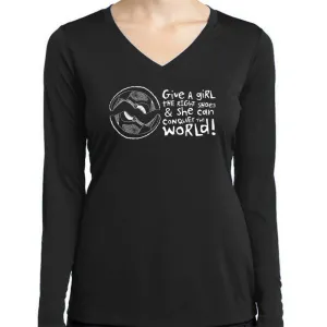 Ladies Sports Tech Long Sleeve V - "Give A Girl The Right Shoes And She Can Conquer The World"