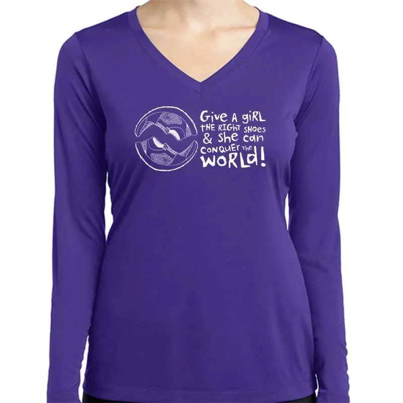 Ladies Sports Tech Long Sleeve V - "Give A Girl The Right Shoes And She Can Conquer The World"