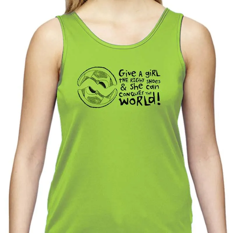 Ladies Sports Tech Tank Crew - "Give A Girl The Right Shoes And She Can Conquer The World"