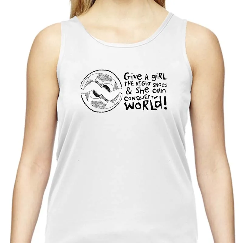 Ladies Sports Tech Tank Crew - "Give A Girl The Right Shoes And She Can Conquer The World"