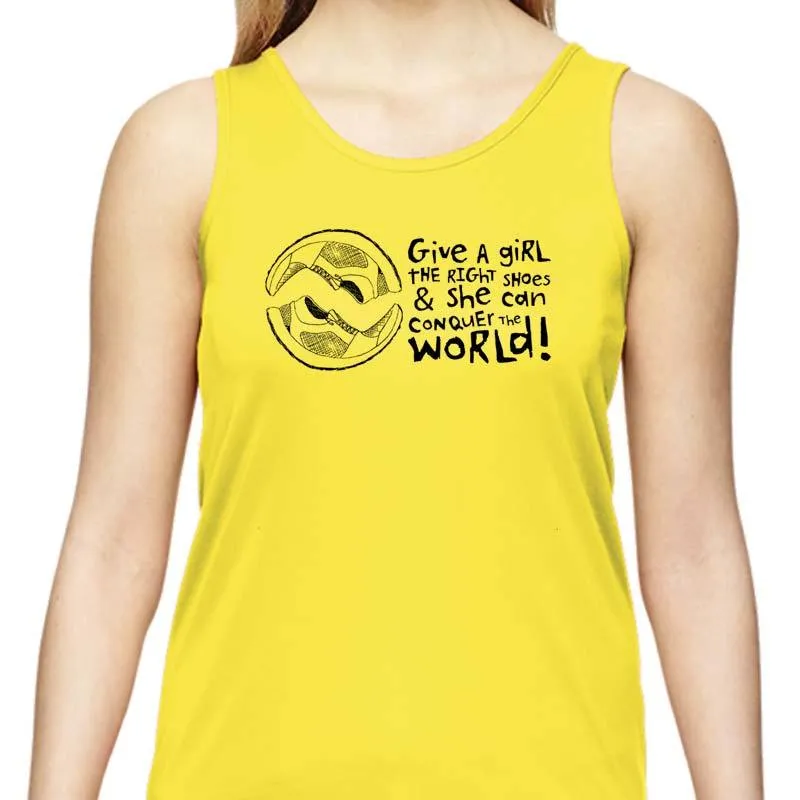 Ladies Sports Tech Tank Crew - "Give A Girl The Right Shoes And She Can Conquer The World"