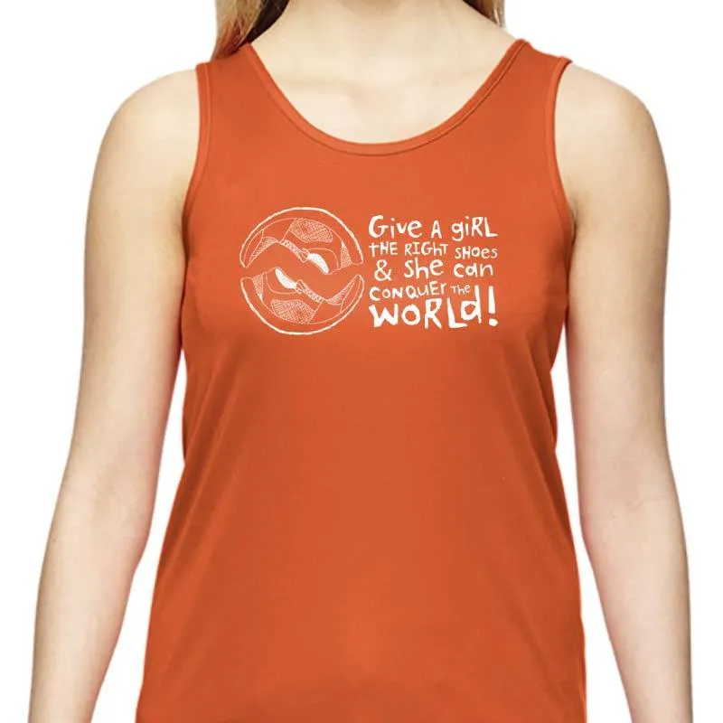 Ladies Sports Tech Tank Crew - "Give A Girl The Right Shoes And She Can Conquer The World"