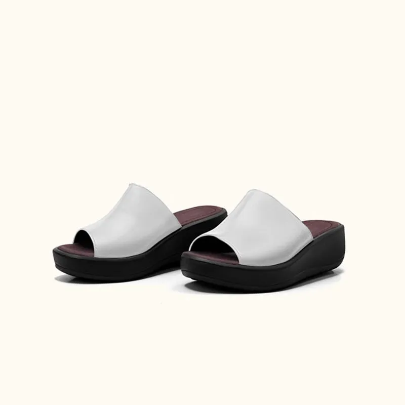 Leather Slide Sandals For Women Peep Toe Platform Slippers in Black/White