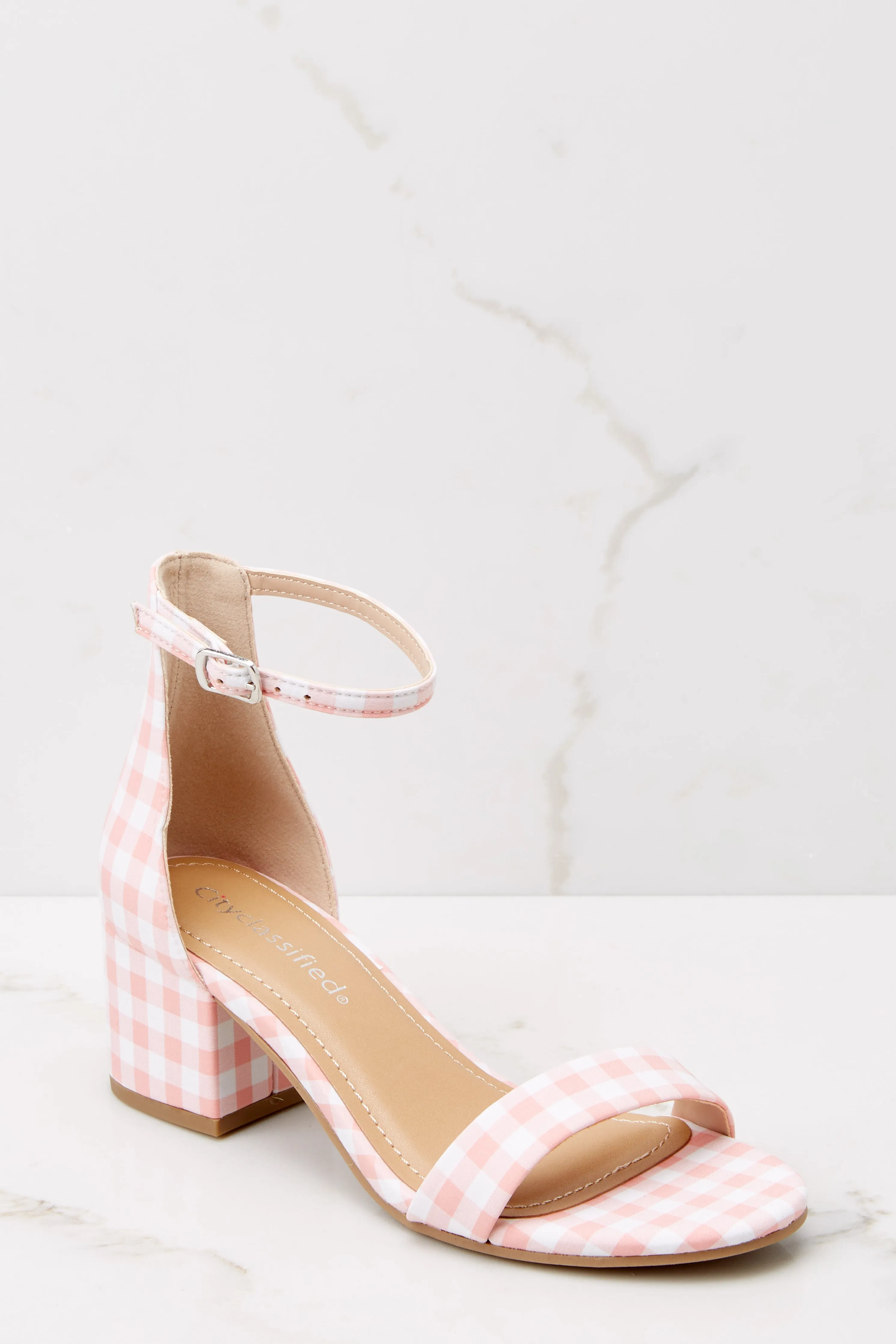 Lighten Up Pink Gingham Ankle Strap Heels